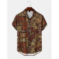 Mens Retro Tribal Print Short Sleeve Front Buttons Shirts