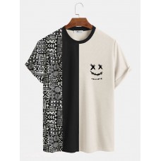 Mens Geometric Funny Face Print Patchwork Knit Short Sleeve T  Shirts